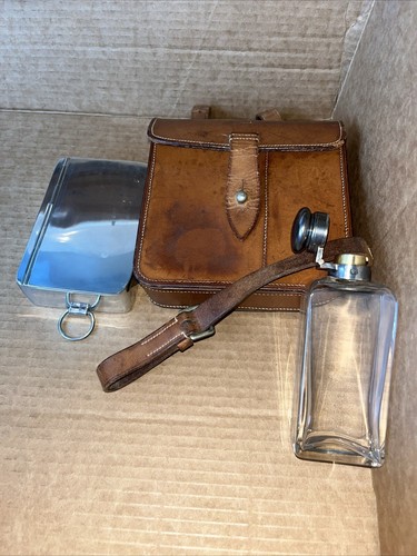 Vintage hunting sandwich Tin and flask Silver in leather case James Dixon&Son