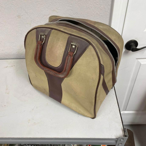 Cool Vintage Tan / Brown Faux Leather Bowling Ball Holder Bag Handles Retro - HN - Picture 1 of 4