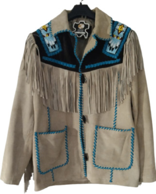 Men Suede Western Cowboy Leather Jacket Fringed & Wolf Bead Work - Beige