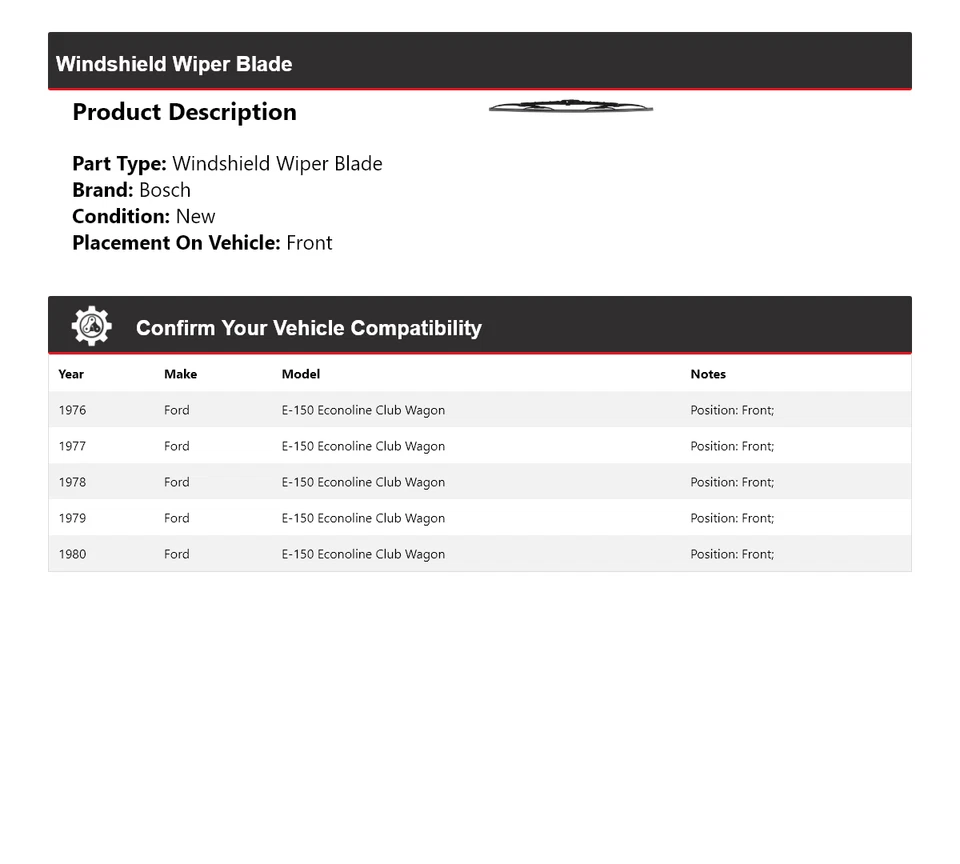 Limpiaparabrisas delantero Bosch para Ford E-150 Econoline Club Wagon 1976-1980 Foto 2 de 4