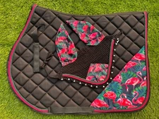 FLAMINGO ENGLISH SADDLE PAD SET FLY VEIL HORSE EAR NET BONNET STUNNER SPORTS