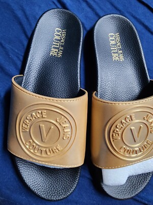 Versace Jeans Couture Gold Logo Print Wide Strap Slide- mens  display picture 1