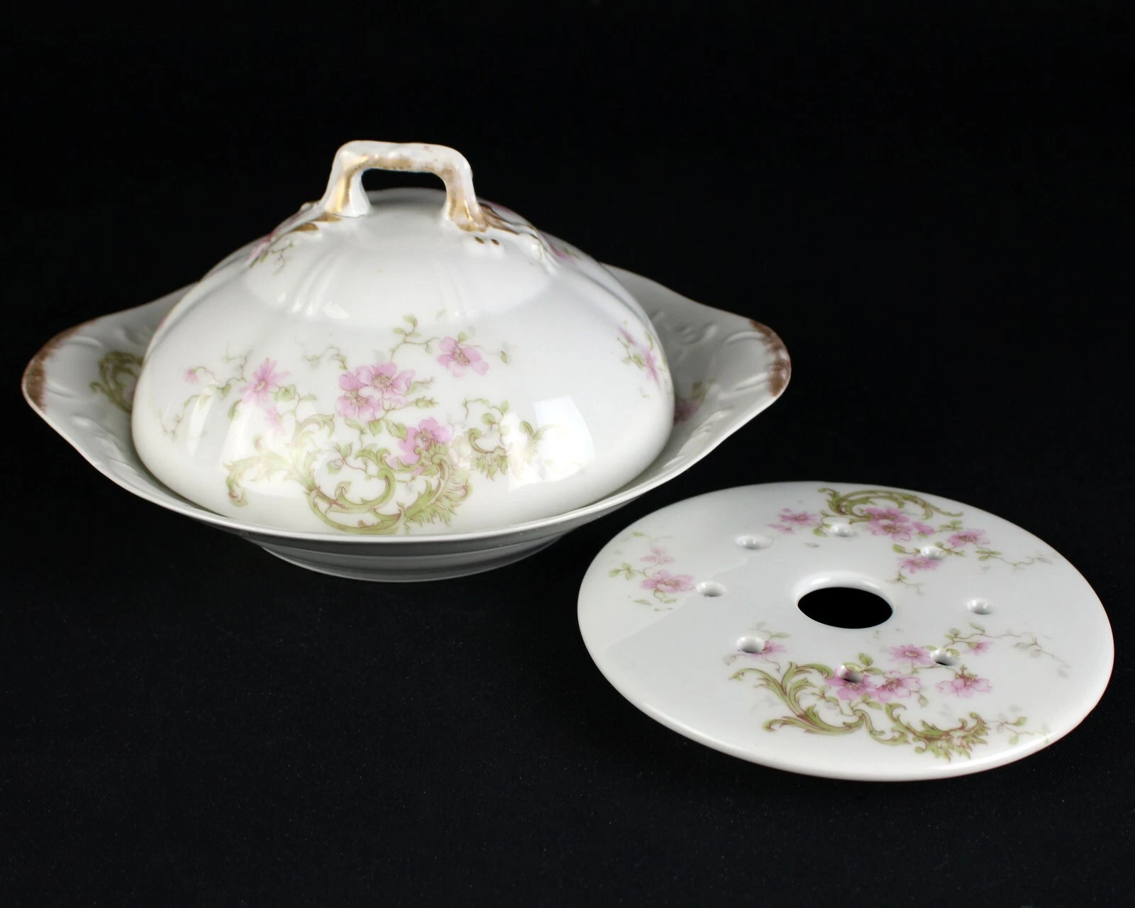 Theodore Haviland Pink Roses & Scroll Covered Butter Dish, Antique Schleiger 144