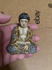 Vintage Japanese Satsuma Mini Buddha Figurine 3” Moriage Enamel Crackle Glaze
