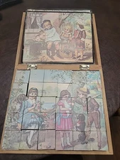  ANTIQUE VICTORIAN SIX SIDED PUZZLE BLOCK SET  ALL PUZZLE BLOCKS MISSING 1 CARD