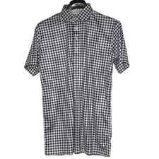 Collars & Co Semi-Spread Collar Polo Short Sleeve Sz MED Blue Gray Check Plaid