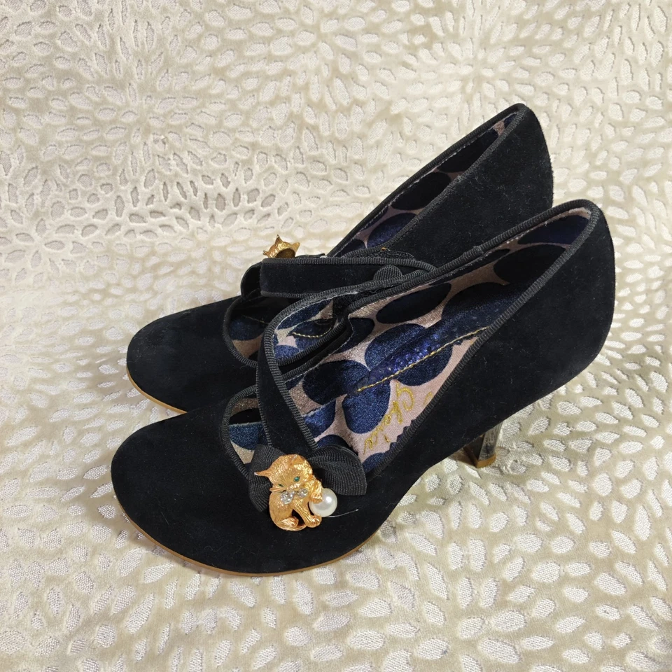Irregular Choice Mujer Negro Gamuza Tacones de Corte Talla UK 5 Dorado Gato Con Perla Foto 3 de 4