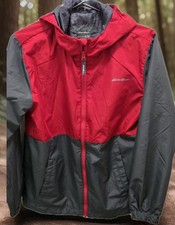 Eddie Bauer Kids Windbreaker Jacket L 14/16 Red Gray Full Zip Hood Lightweight