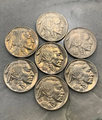 Lot of 7 AU/ Uncirculated Buffalo Nickels 1935-1936-1937-1938 Luster/ Toned!