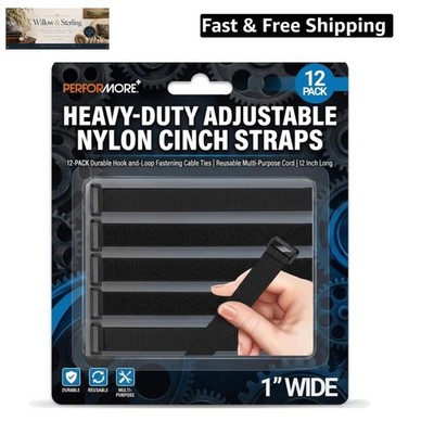 Heavy-Duty Adjustable Nylon Cinch Straps | 12-Pack Durable Hook-and-Loop Fast...