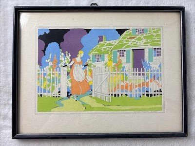 Janet Laura Scott Signed Pochoir Print Art Deco Hollyhock Cottage Garden Framed