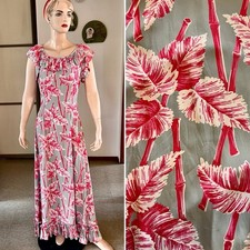 1940 Vintage Royal Hawaiian Cold Rayon Bamboo Print Holomu u Hawaiian Dress S