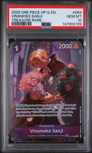 PSA 10 VINSMOKE SANJI ONE PIECE OP12 LEGACY OF THE MASTER TREASURE RARE OP10-063