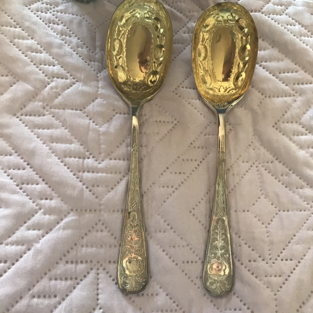 2 VINTAGE GOLD WASH EMBOSSED SILVER PLATED LGE FRUIT SPOONS