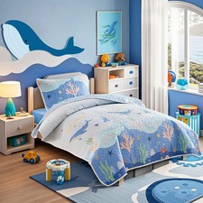2 Pieces Twin Size Cotton Quilt Set, Ocean Theme Whales Blue Design, Cozy Lig...