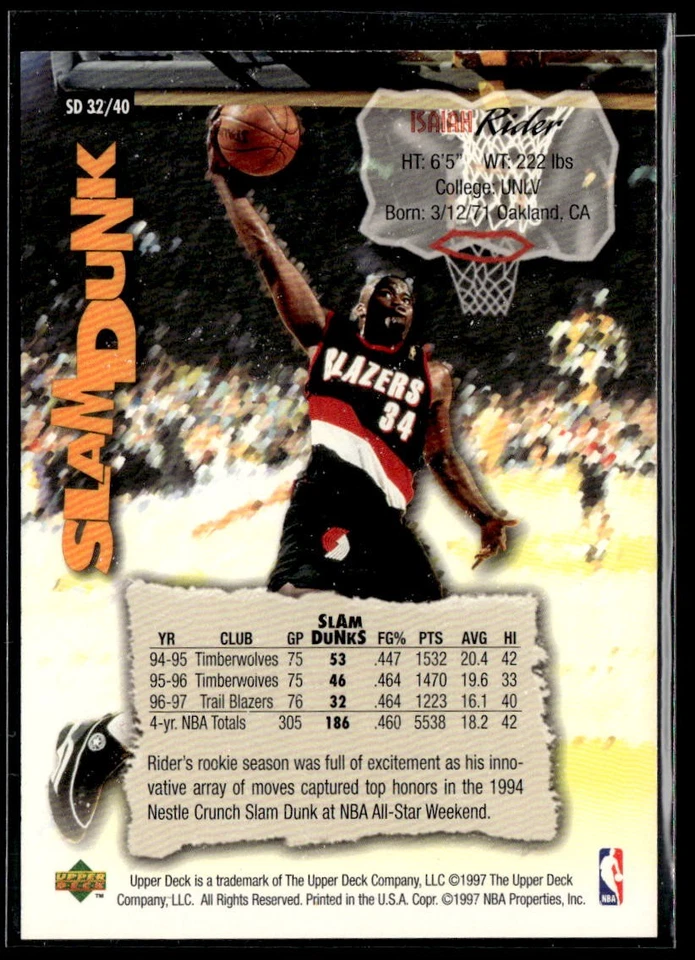 1997 Upper Deck Nestle Slam Dunk #SD32 Isaiah Rider - Image 2 of 2