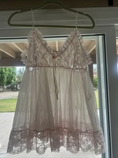 Tosca Vintage BABYDOLL Gown SHEER Lingerie Dress LACE Mini Light Pink Bow Top