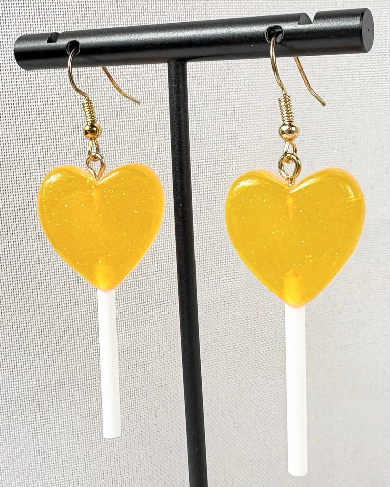 Naranja Brillo Corazón Piruleta Gancho Gota Colgante Pendientes Perforados Dulces Caramelo Foto 2 de 4