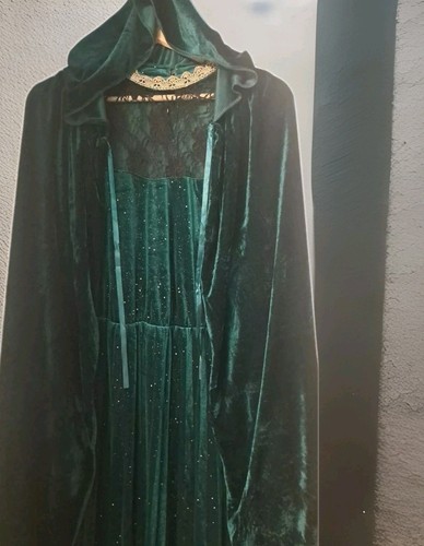Green Velvet Dress Gold Silver Specks & Lace Hooded Cape Halloween Medieval  3XL