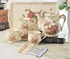 Porcelain Tea Set Vintage Gif Tea Cups & Teapot Serving Tray & Teaspoons for 4