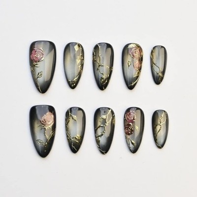 Rose Thorn Handmade Press on Nails Gold Cat Eye Dark Elegant Gloss Fake Nails