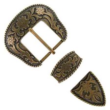 Western Cowboy/Cowgirl Rodeo Decor Engraved Antique Brass Rope Edge Buckle Set