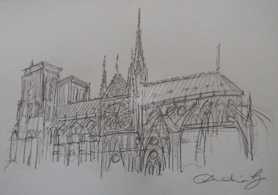 Original Hand Drawn Architectural Pencil Drawing of Notre Dame Cathedral  Paris