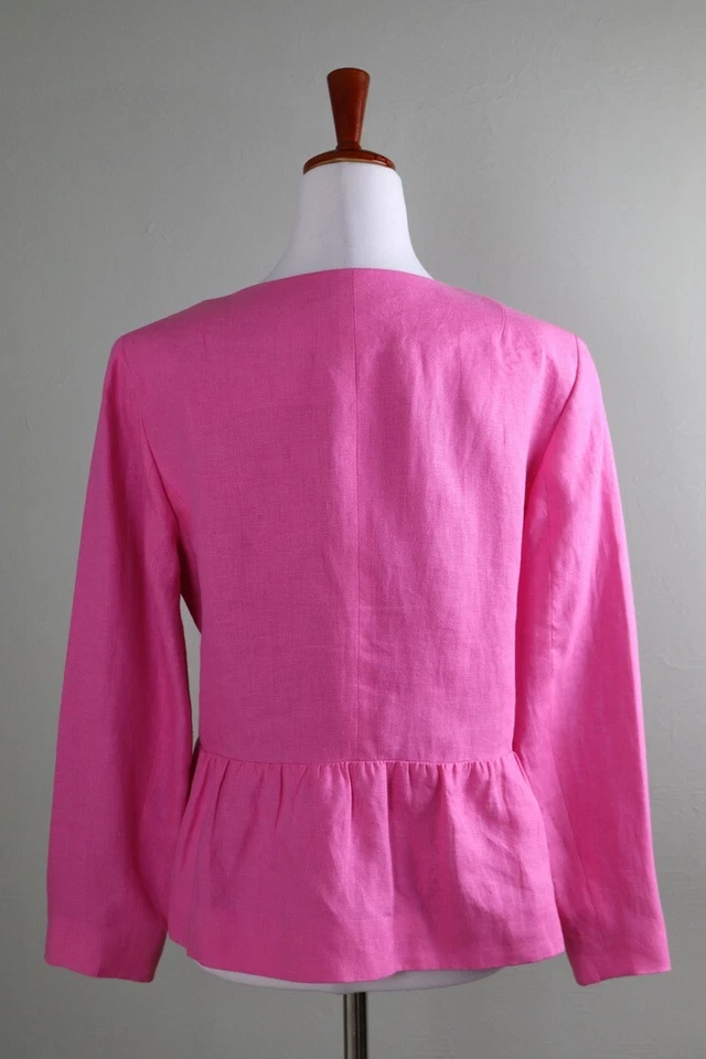 TALBOTS $149 Solid Pink Lined Shirred 100% Linen Snap Up Lady Jacket Top Size 8 - Image 4 of 4