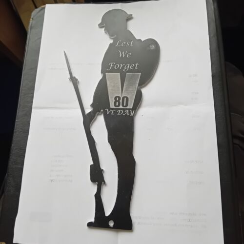 Black Acrylic Lest We Forget 80th VE DAY Memorial British Soldier Mount 10" tall