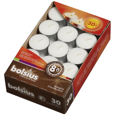 Bolsius Teelichter im 30er Pack mit ca. 8 Stunden Brenndauer weiß RAL Teelichte