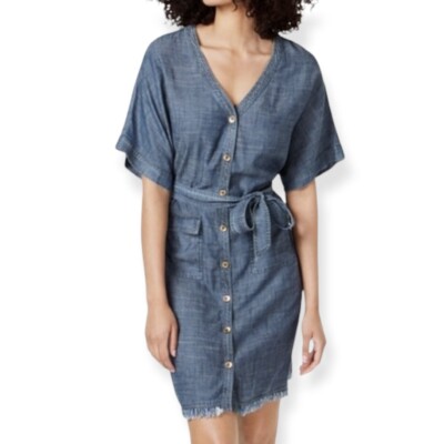 Trina Turk Lanai Denim Frayed Hem Belted Shirt Dress Medium