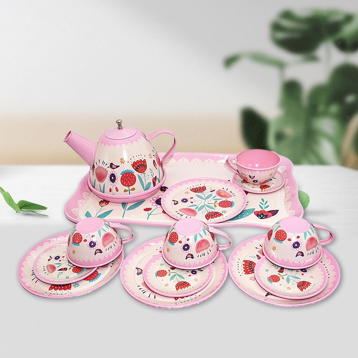Kids Tea Set Simulation with Metal Teapots Cups Plates Princess Toys