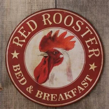 New Primitive Farmhouse Rustic RED ROOSTER BED BREAKFAST SIGN Round Hanging 19" 