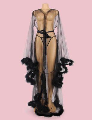 Transparenter Langer Morgenmantel Mit Schwarzen Marabu-Federn Burlesque Diva