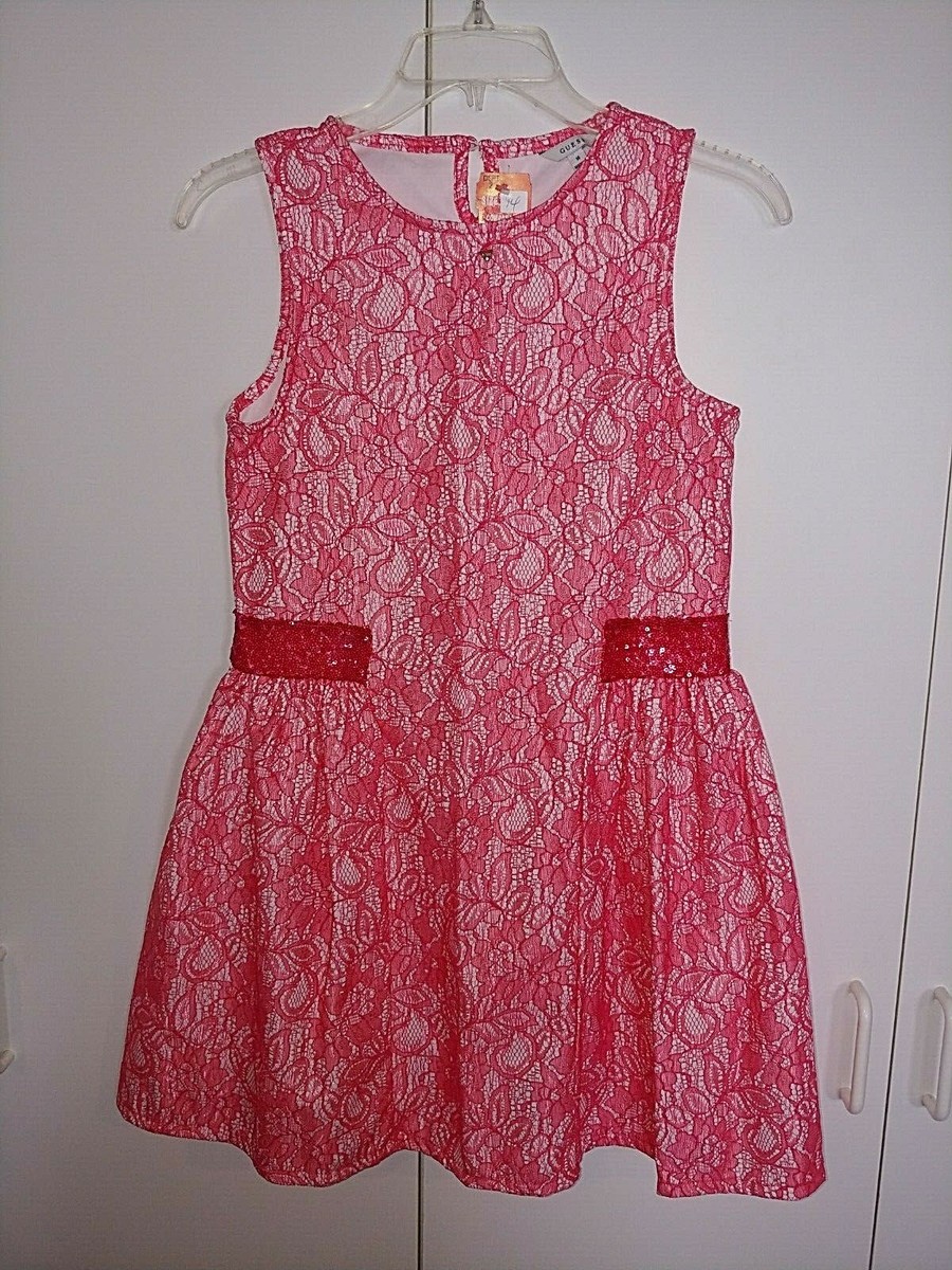GUESS GIRL'S SLEEVELESS PINK LACE LINED  DRESS-14-NWT-ADORABLE-SEQUINS-GATHERS
