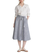Polo Ralph Lauren Navy White Linen Pocket Belted Striped A-line Flare Skirt 10