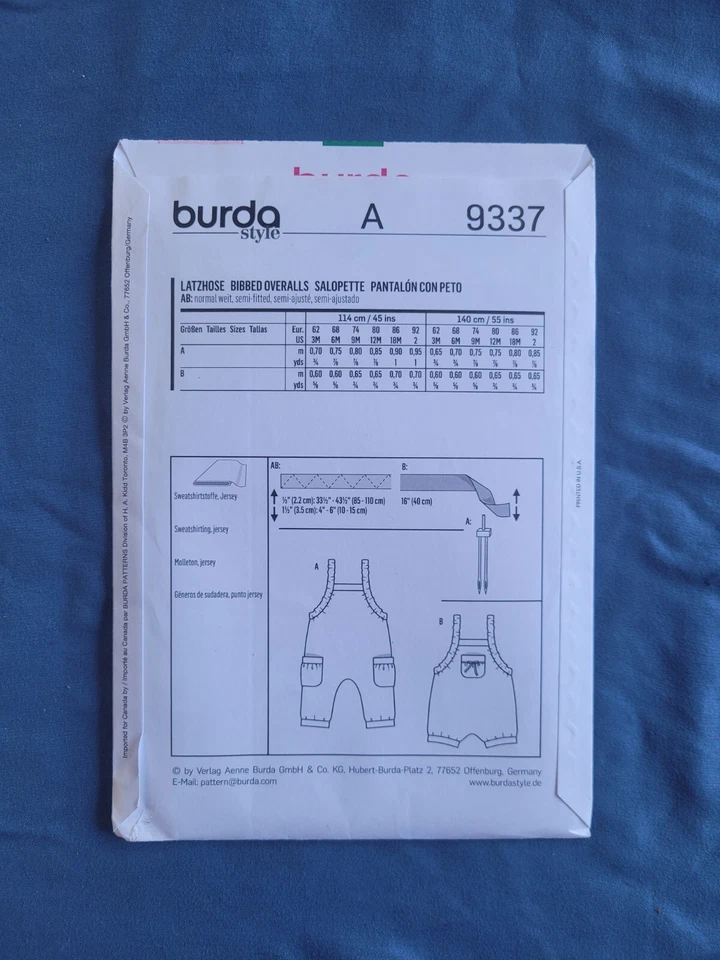 Complete Burda 9337 Sewing Pattern Infant Jersey Knit Bib Overalls Sz 3M-2 - Image 3 of 4