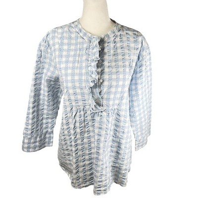 JUNA Blue White Gingham Seersucker Ruffle Blouse Top Womens Size M/L Cotton