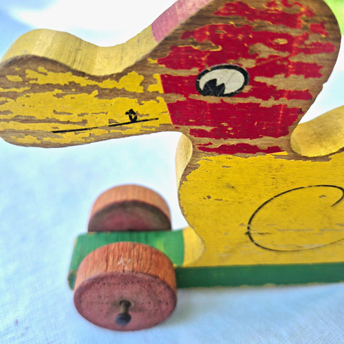 Vintage Wooden Duck Toy on Wheels Yellow Red Green Hand Painted