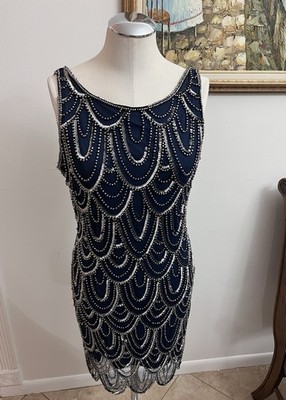 Prelude Navy Beaded Sequin Art Deco Sheath Dress Sleeveless Scoop Neck Size 8