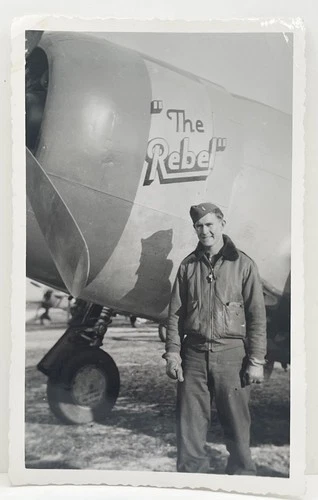 1940s Pilot Beside Plane The Rebel Nose Art WWII Aviation Vintage Military Photo