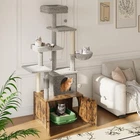 Large Cat Tree Tower 55" Height Cat Scratcher Bed Toy w/ Wood Cat Litter Cabinet
