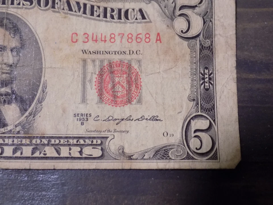 1953 B Series Red Seal United States Note 5 Dollar Bill - Image 3 of 4
