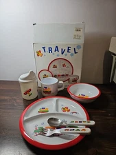 Vtg New PECO Melamine Ware Child's Divided Plate Bowl Sippy Cup Spoon 6 Pc Set 