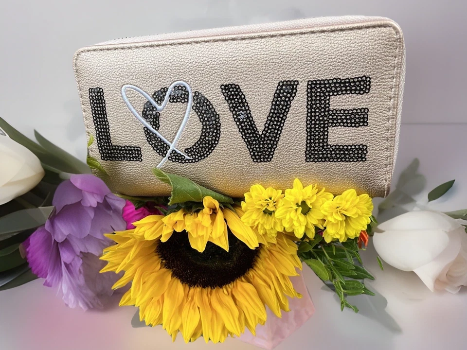 SALE TASCHE XXL Gross Geldbörse NEU Veggie Leder Metallic Look LOVE Glitzer - Bild 4 von 4