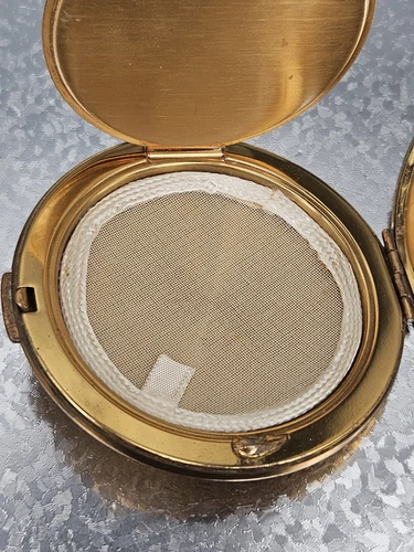 ヴィンテージ メリッサ コンパクト 1950年代 パウダー レディース 金箔 フェイク 真珠層 モップ ラウンド - 画像5/14