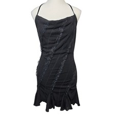 SHEIN Black Halter Mini Dress Lace Trim Ruffle Hem Cowl Neck Goth Y2K Size 6 M