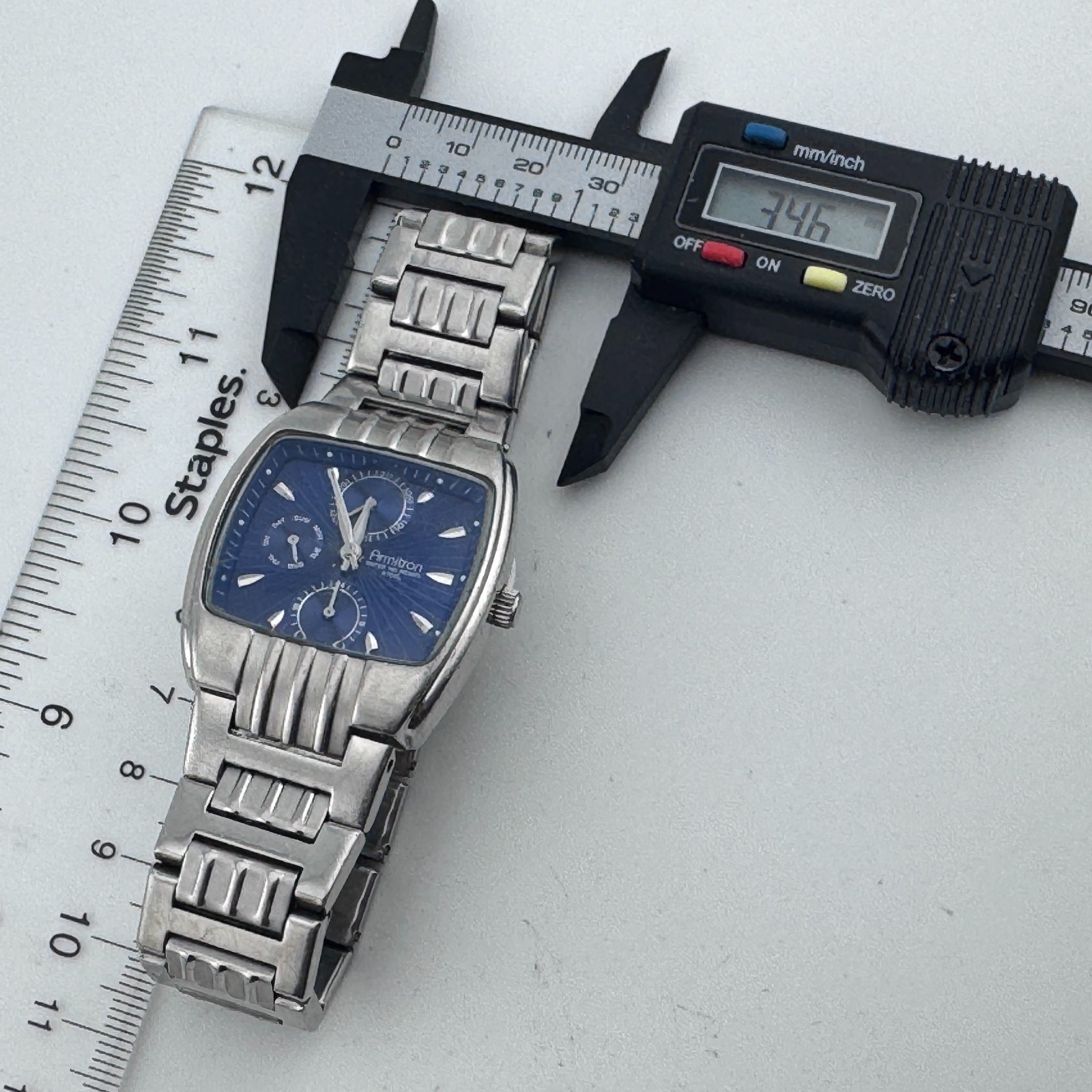 Armitron Quartz Watch Men Silver Blue Barrel Day Date Japan Analog New Batter 8"