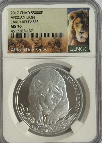 2017 CHAD EARLY RELEASES AFRICAN LION 1 OZ .999 FINE SILVER 5000 FRANCS NGC MS70