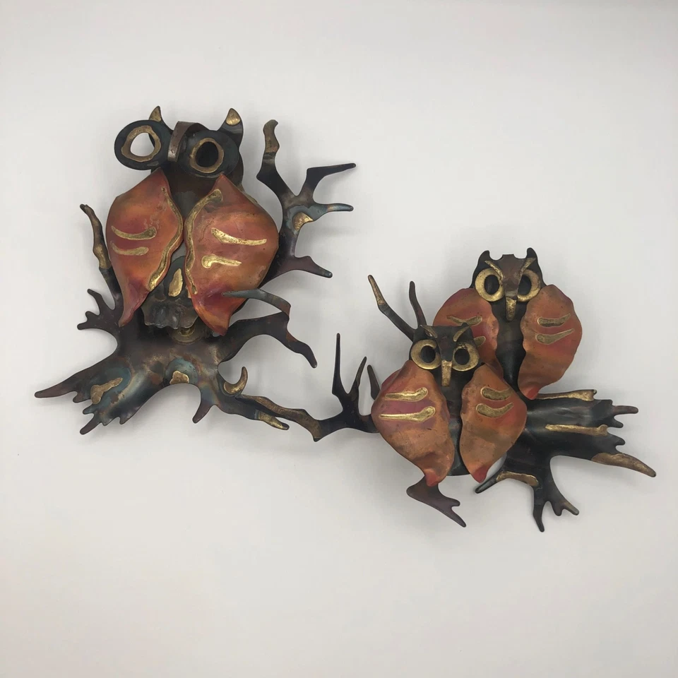Juego de esculturas de latón arte de pared búho brutalista MCM cobre metal años 70-80 Foto 3 de 4